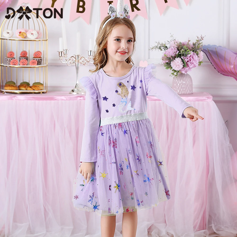 

DXTON/Детское платье; Одежда для девочек с блестками в стиле русалки; Осеннее детское платье принцессы; Сетчатое платье с длинными рукавами дл...