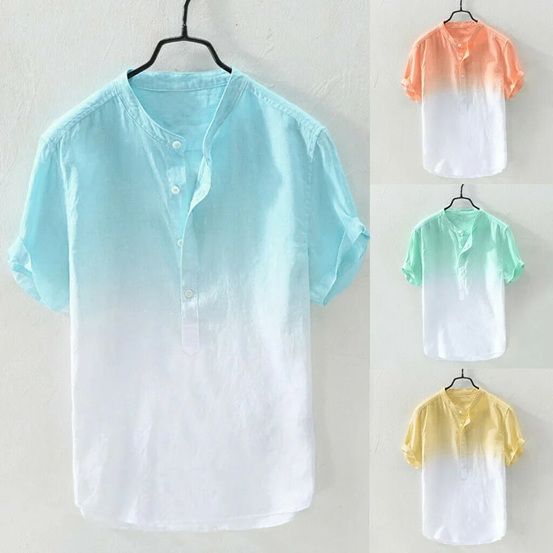 

Men Cool Cotton Linen Shirt Breathable Gradient Color Casual Summer Beach Shirt Tops TC21