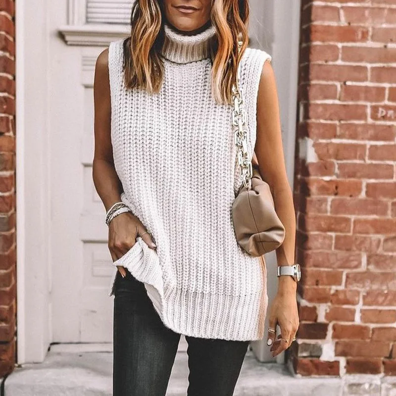 

Женский длинный вязаный свитер без рукавов, Повседневный пуловер оверсайз с разрезом и высоким воротником, Осень-зима 2021