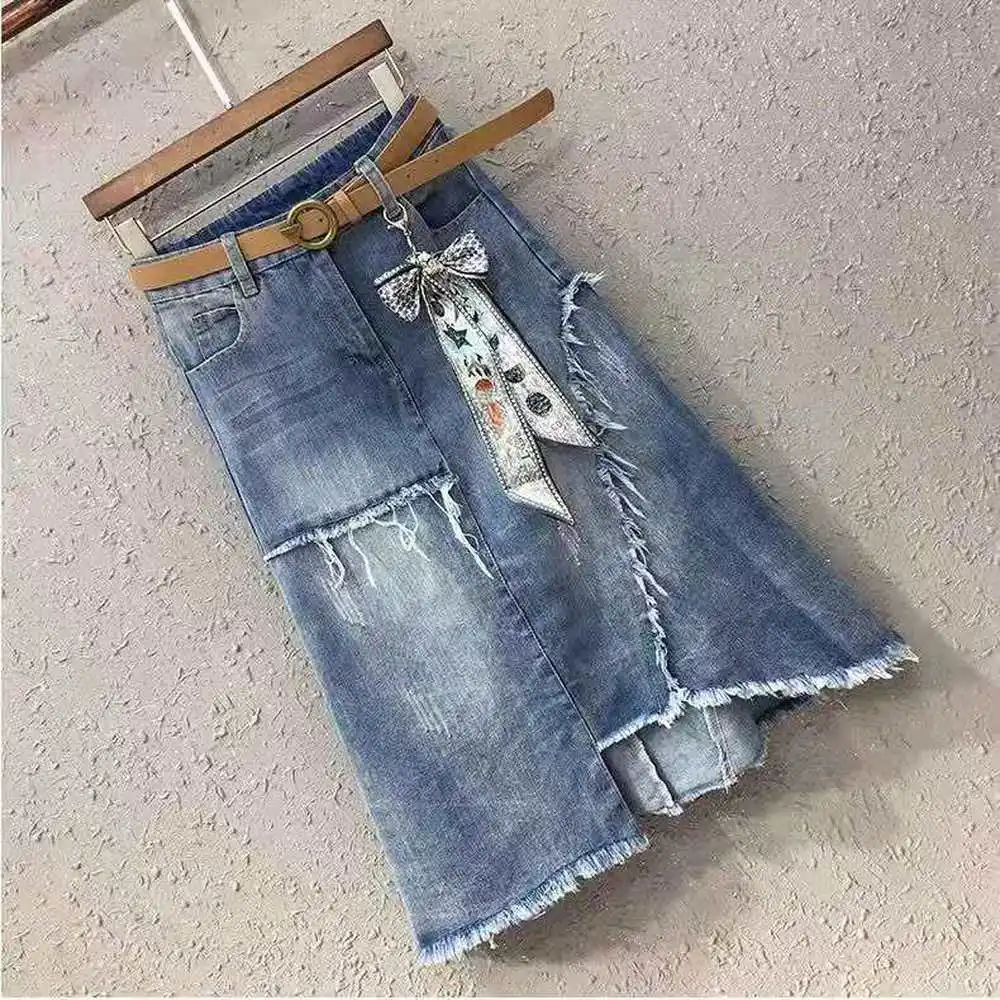 

Sexy Denim Skirts Women 2021 Fashion Split 3XL 4XL 5XL Plus Size Skirts Vintage Pocket Blue Saia Ladies High Waist Midi Skirt
