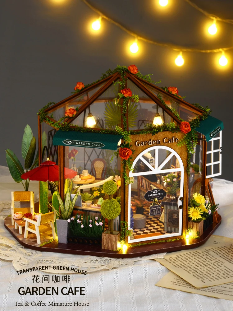 

GARDEN CAFF DIY Doll House Miniature With Furnitures Wooden Miniaturas Toys For Children New Year Christmas Brithday Gift