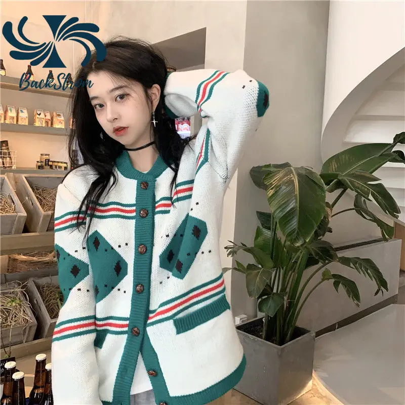 

BACKSTROM Women Korean Diamond Striped Cardigan Vintage All-Match Loose Fashion Long-Sleeve Sweaters O-Neck Chic Knitted Jackets