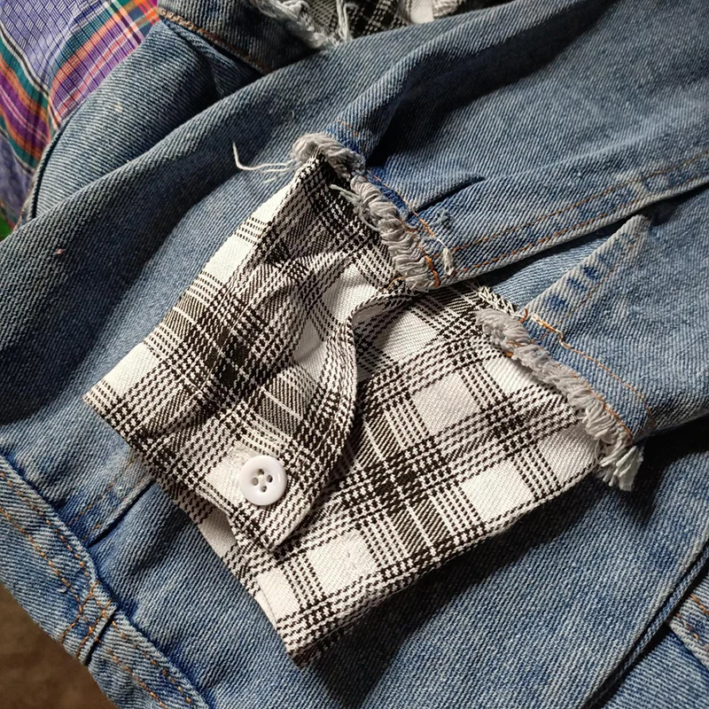 

Spring Autumn Streetwear Patchwork Plaid Cloth Lapel Buttons Jean Coat Casual Korean Loose Outerwear Fake Two Denim Jacket Women