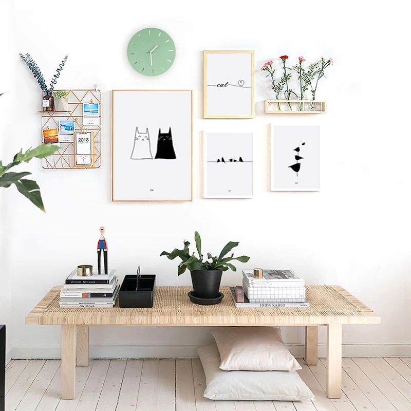 

Wall Art Canvas Painting Nordic Posters Modern Black and White Cat Birds And Prints Nursery Wall Pictures Baby Kids Room Decor