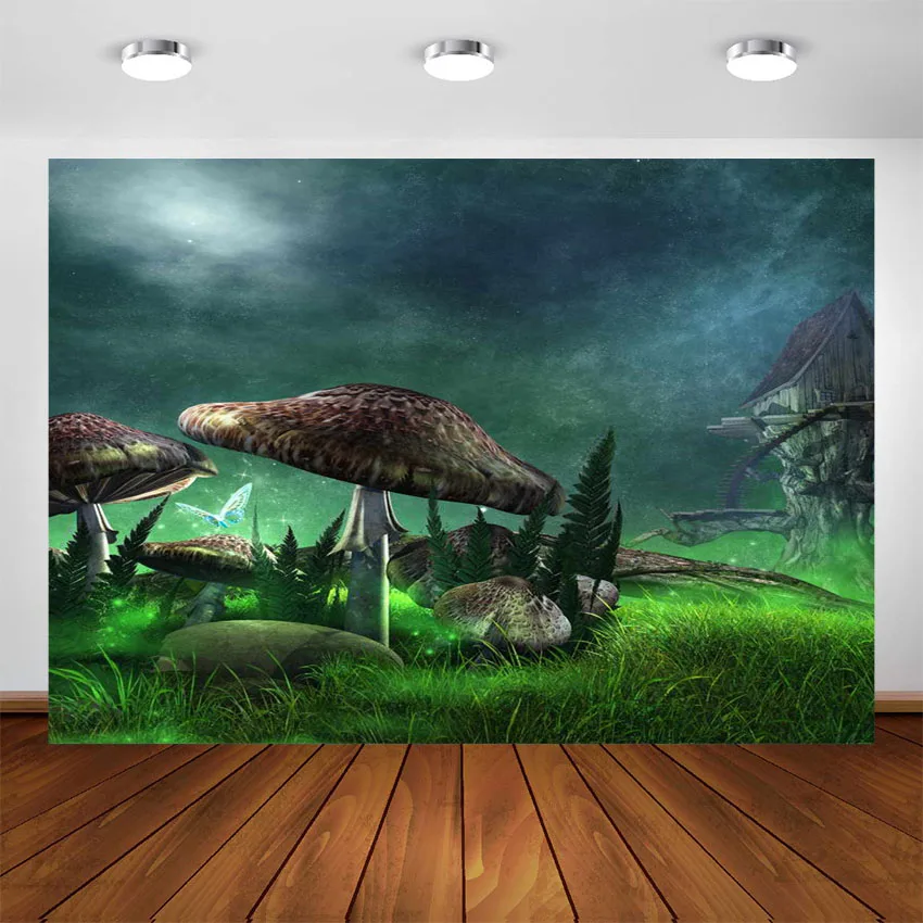 Сказочный фон для фотосъемки с изображением зеленых искусственных грибов и