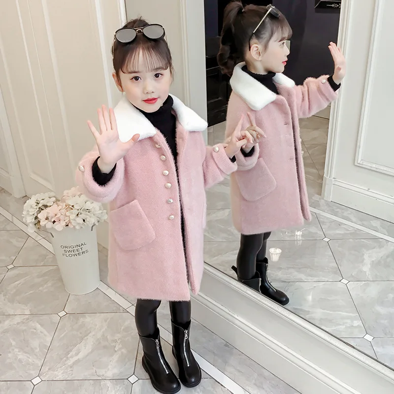 

Pink Girls Winter Jackets Coats Imitated Mink Cashmere Kids Parkas Woolen Coat For Girls Outerwear Children Clothing 4-14 Years