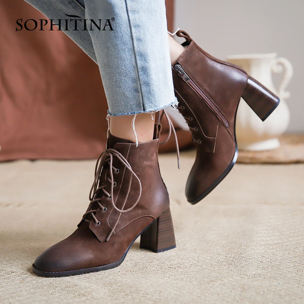 

SOPHITINA New Ankle Boots Retro Genuine Leather Zipper Lace-up High Heel Boots Casual Square Heel Round Toe Commute Sheos HO169