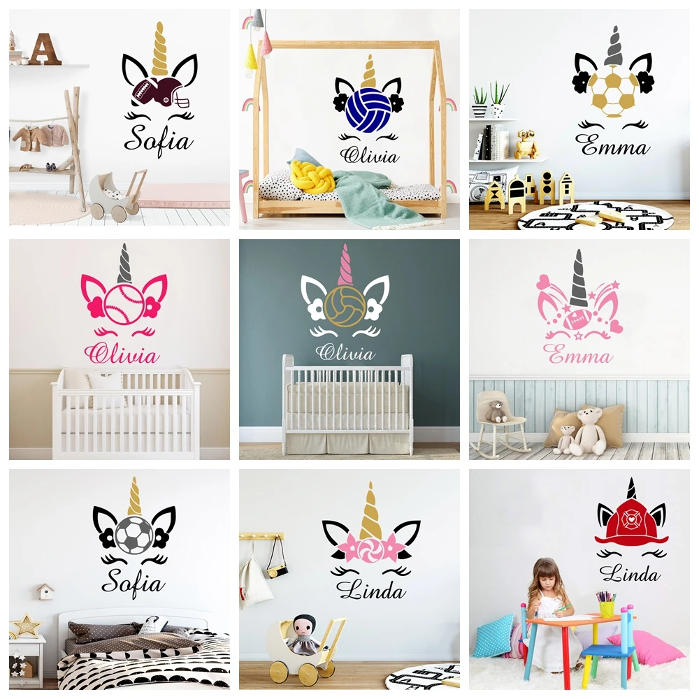 Прекрасный 3 Цвет Единорог пользовательское имя наклейка на стену виниловые