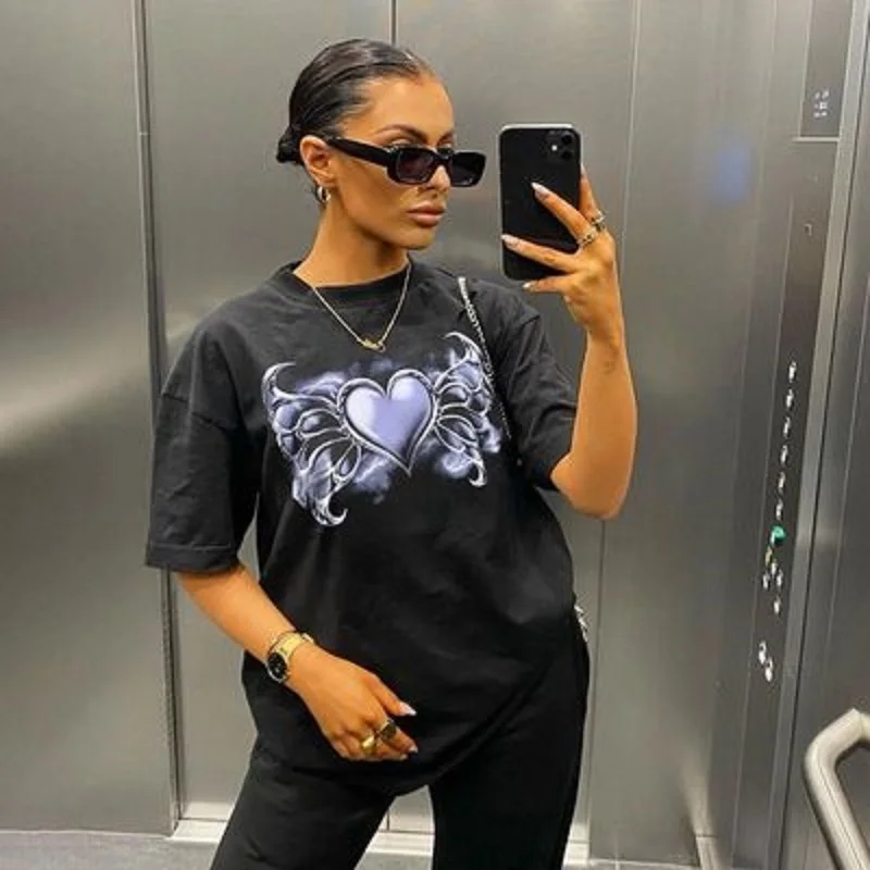 

Street Harajuku Fashion Gothic Love Wings Print Loose Casual T-shirt Round Neck Short Sleeve Top Hip Hop High Street Clothing