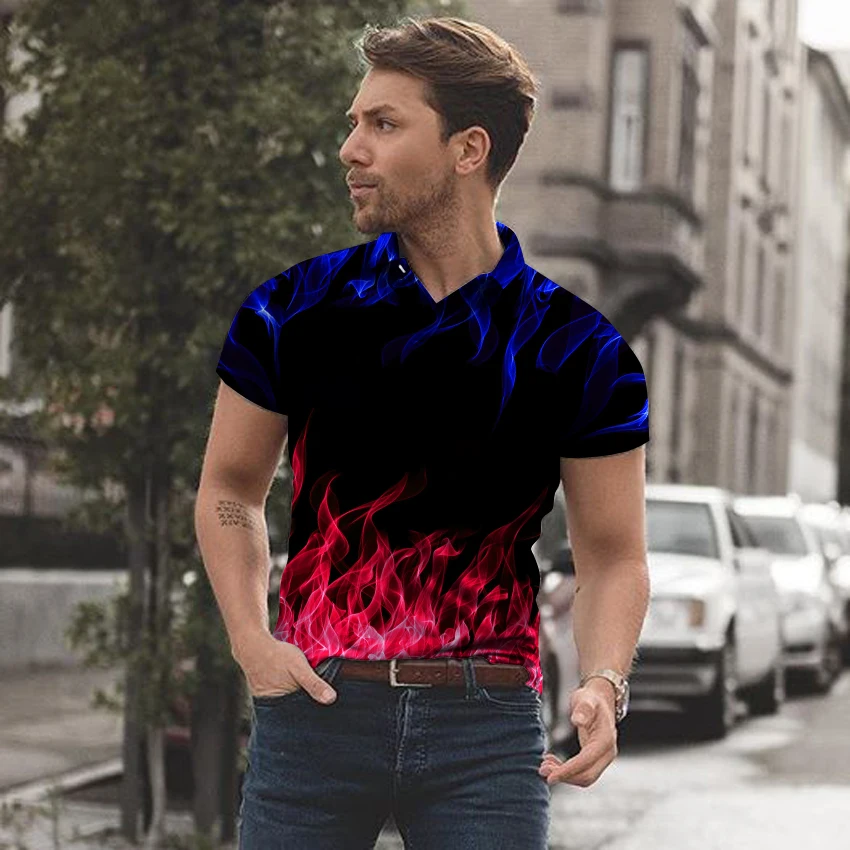 Рубашка-поло мужская с 3D-принтом пламени и коротким рукавом | Мужская одежда