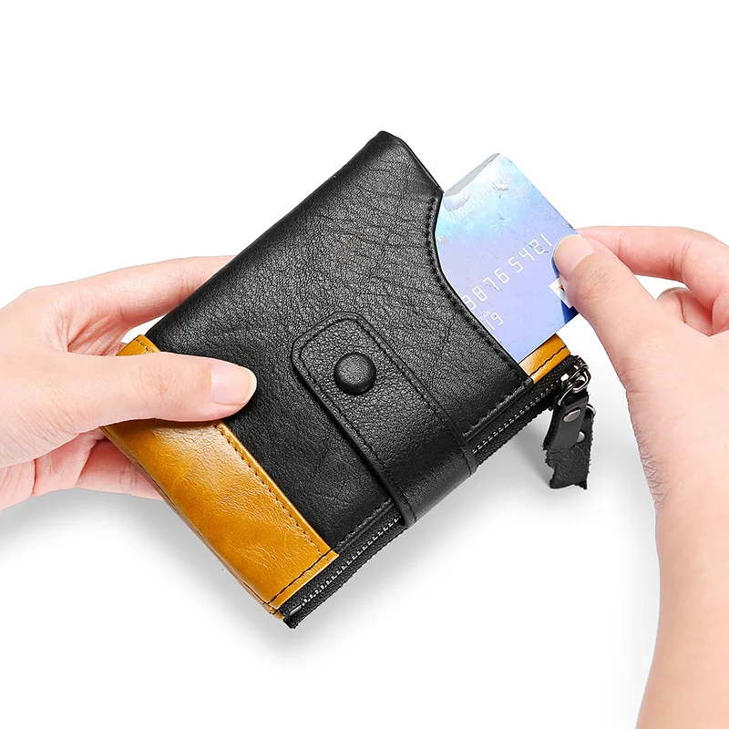 NEW Splice 100% Genuine Leather Men Wallet Coin Purse Small Mini Card Holder Double Zipper Portomonee Male Walet Pocket