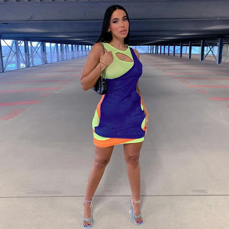 

DSMTRC Women Fashion Sexy Party Club Clothings Y2K 2021 Sleeveless Patchwork Mesh Skinny Mini Dress Summer