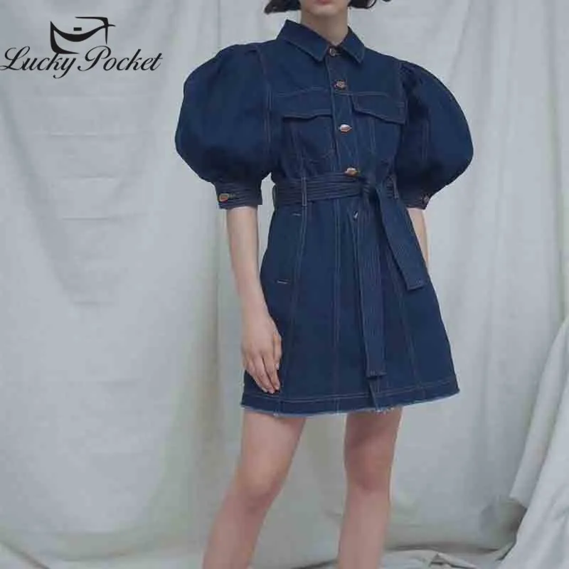 

2020 Women Summer Fashion New Slim Denim Mini Dress Female Loose Casual Puff Sleeve Dresses Ladies Sashes Spliced Vestidos ML195