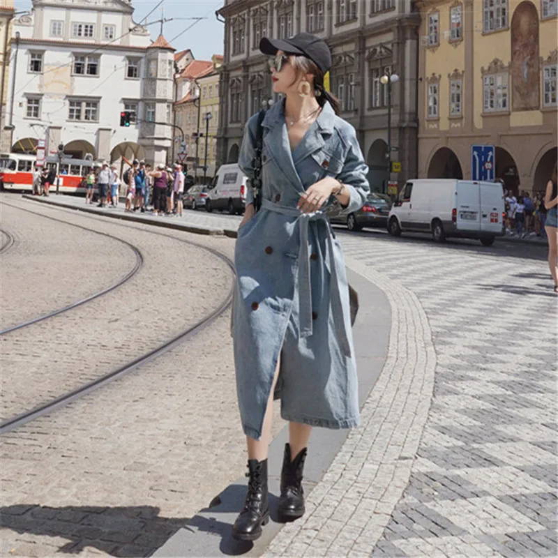 Женский джинсовый тренчкот Новинка весна-осень 2021 свободные джинсовые пальто