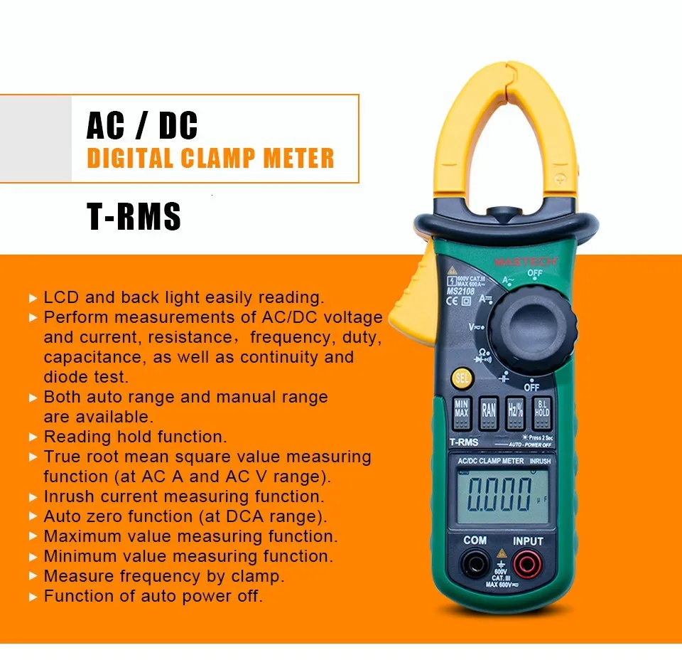 MASTECH MS2108 AC DC Клещи T-RMS Цифровой Авто Диапазон мультиметр Вольтметр Амперметр конденсатор тестер сопротивления