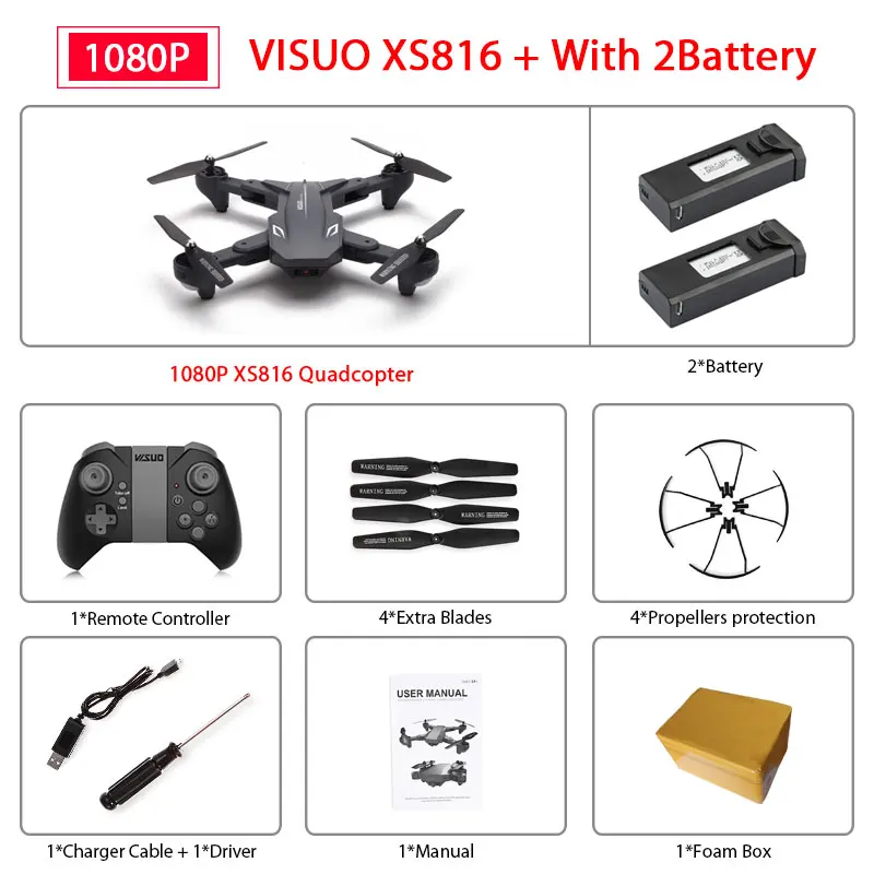 1080P 2B Foam Box Визуализации XS816 беспилотный летательный аппарат для контроля уровня сахара в крови с 50 раз зум Wi-Fi FPV 1080P или 4K двойной Камера оптического потока Квадрокоптер складной селфи Дрон VS SG106 - Цвет: 1080P 2B Foam Box