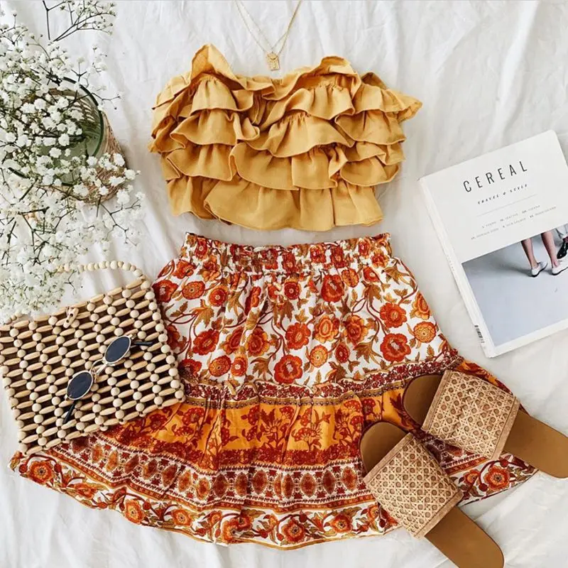 

2021 Summer Women Floral Print Skirt Beach Ruffles Boho Casual High Waist Loose Bohemian Harajuku Woman Mini Ruffles Skirts