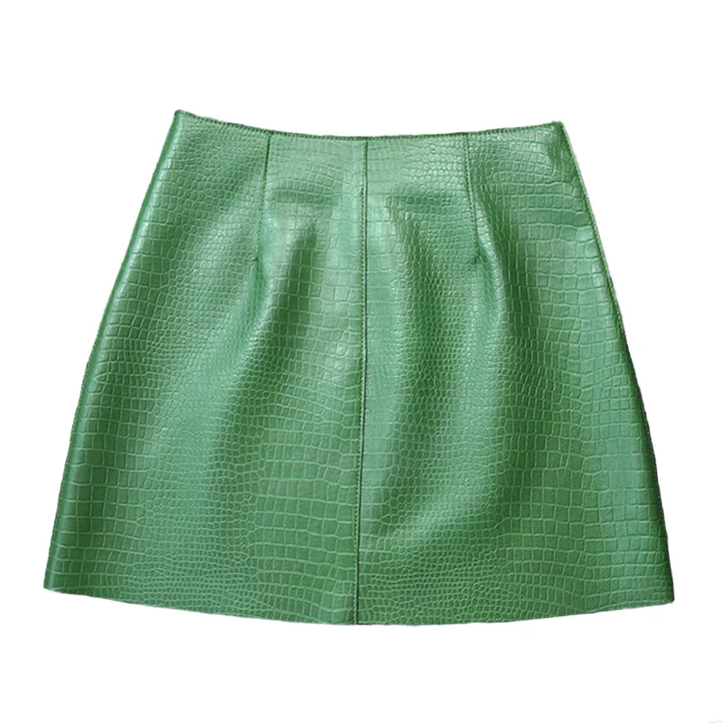 

Women 2021 New Skirt Fashion Crocodile Pattern Y2K Real Sheepskin Leather Mini Skirts Autumn Spring TF8510
