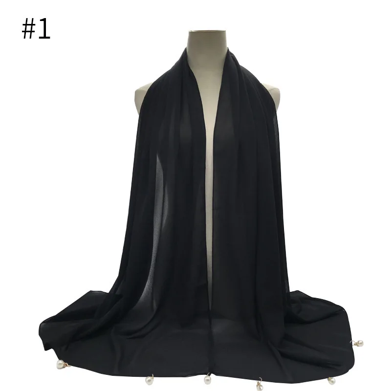 

New Solid Color Chiffon Scarf with Pearl At Both Ends Headtie