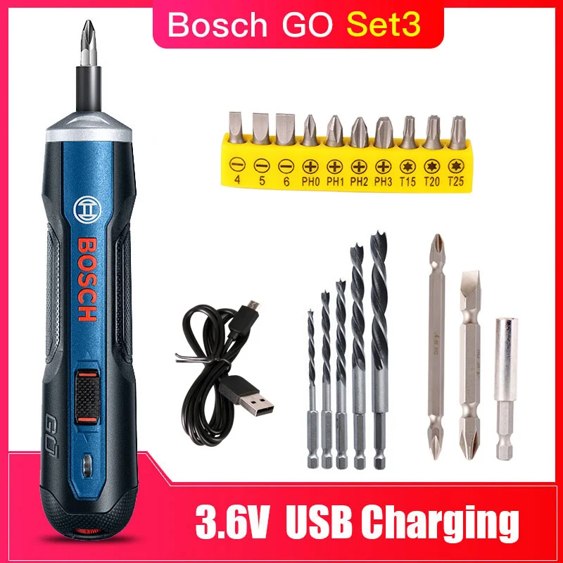 Bosch Go Set3 Bosch Go 6 режимов регулируемый Крутящий момент отвертка Наборы инструментов, перезаряжаемый 3,6 V умный беспроводной шуруповерт мини-электроинструмент - Цвет: Bosch Go Set3