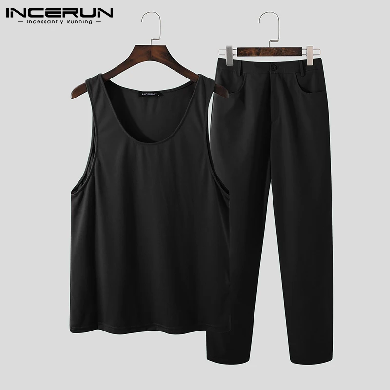 

INCERUN 2023 Fashion Men Sets Solid Color Streetwear O-neck Sleeveless Tank Tops & Pants 2PCS Summer Men Casual Suits S-5XL