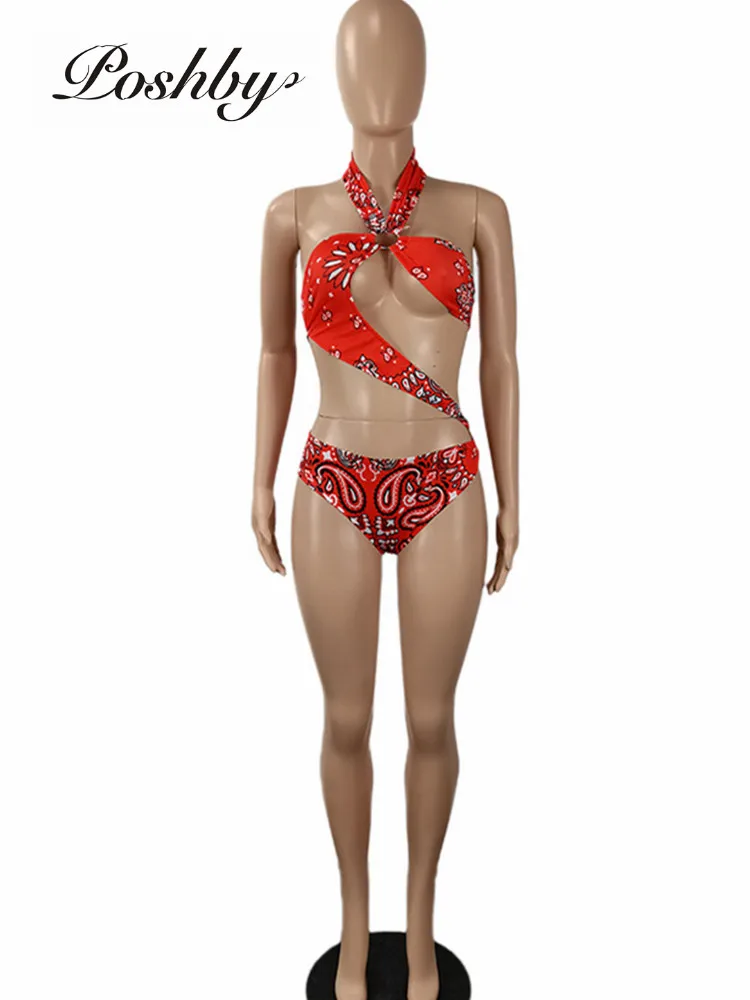 

Poshby Print Chic Cut Out Bikini+High Split Skirt Two Piece Set Swimwear Outfits for Women Holiday Beachwear Bathing Suit 2021