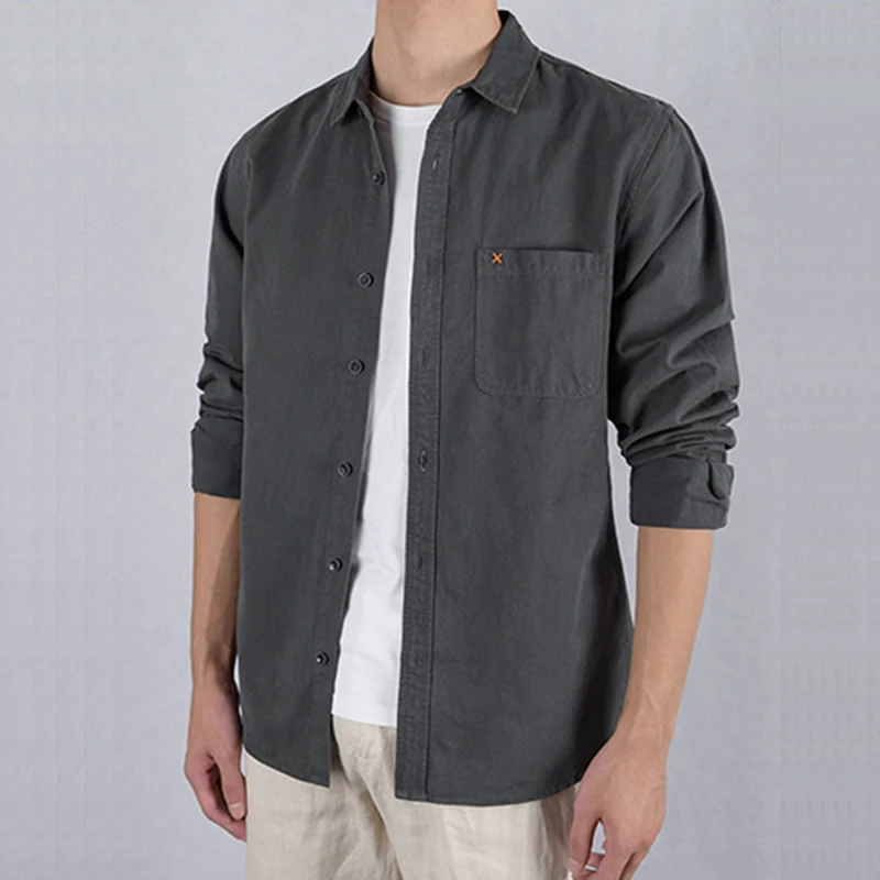 

iSurvivor 2021 Men 100% Cotton Solid Color Casual Shirts Tops Male Fashion Slim Fit Spring Summer Long Sleeved Shirts Outwear