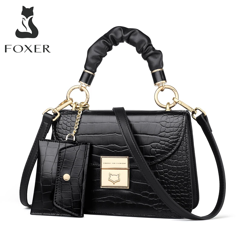 Женская сумка с крокодиловым принтом FOXER черная классическая мессенджер в стиле