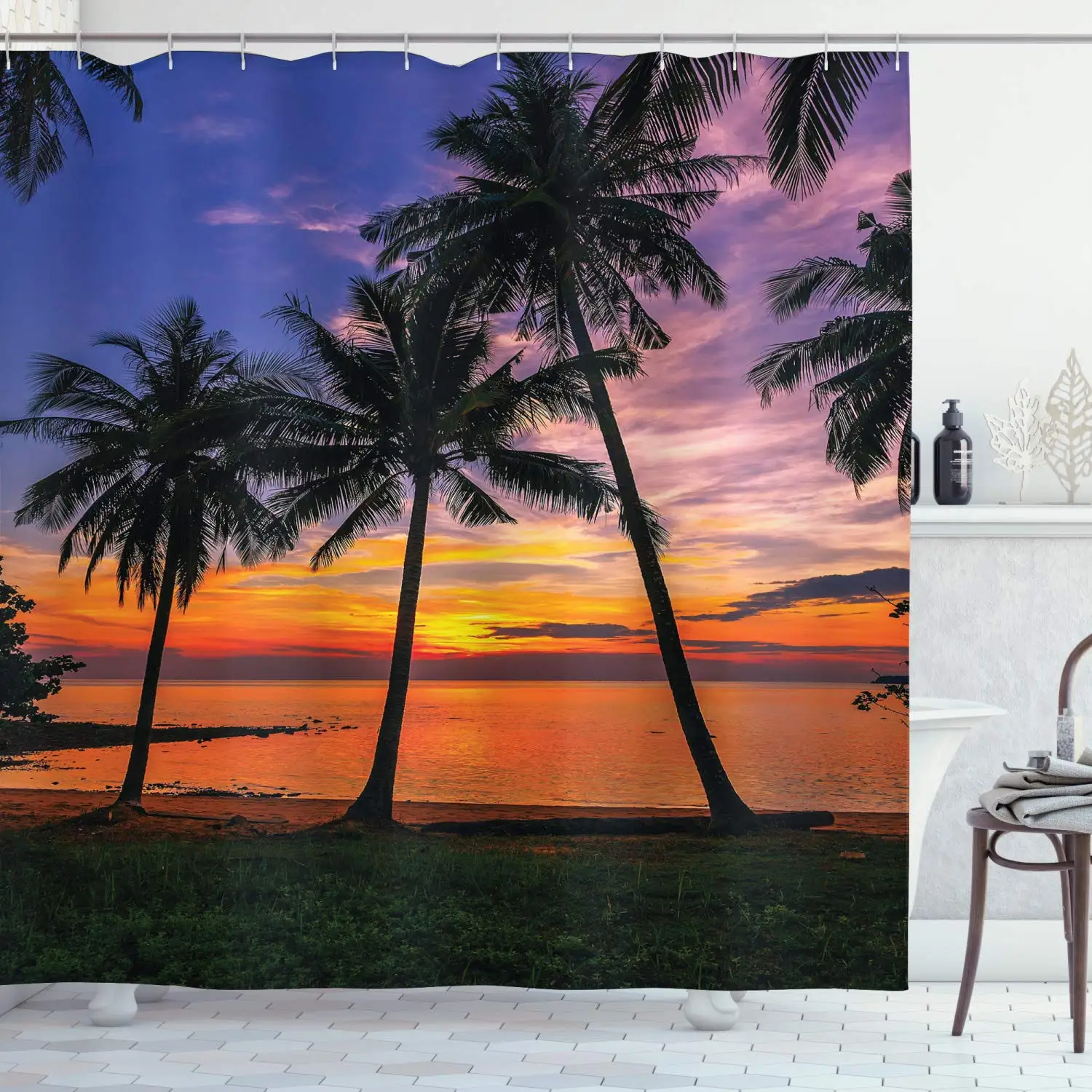 

Tropical Shower Curtain Exotic Palm Trees Pattern with Beach and Ocean Sunset in Hawaii Summer Season Polyester Fabric Bathroom