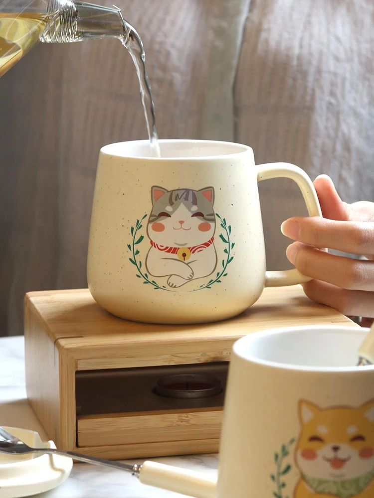 

Coffee Mug Creative Cute Corgi Cat Printing With Spoon and Lid Couples Office Home Ceramic Milk Drinkware Cup Gift