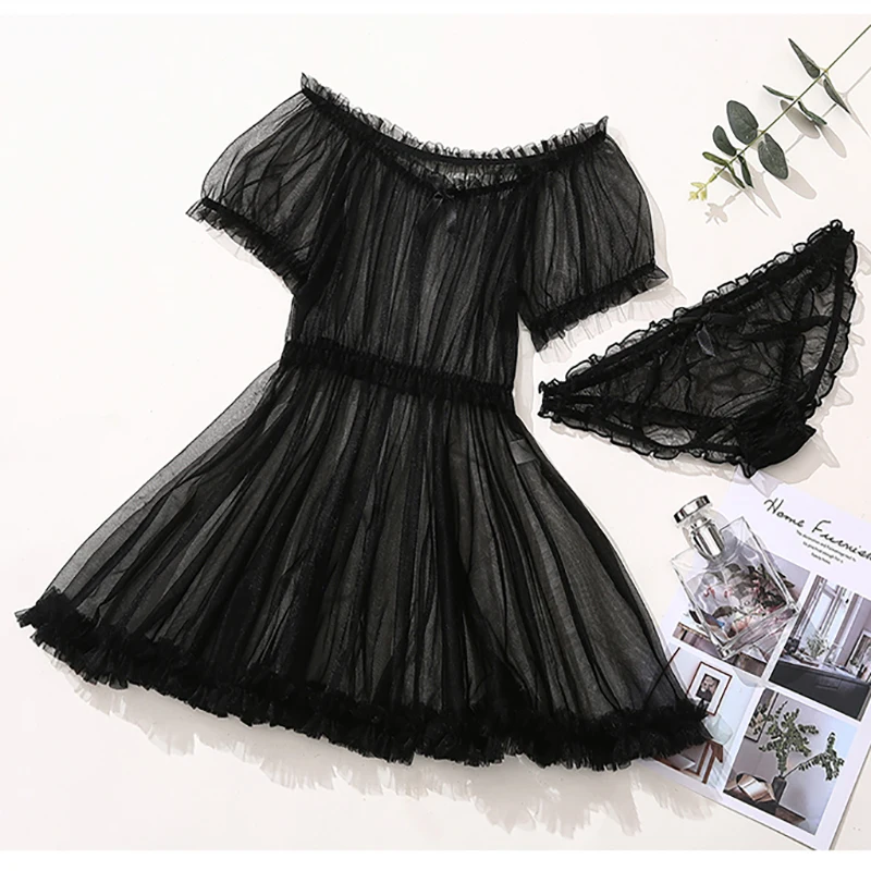 Woman Sexy Lingerie Nightdress Dress Underpants Gauze Off Shoulder Bowknot Perspective Exotic Set Couple Flirting Sexual 3 | Тематическая