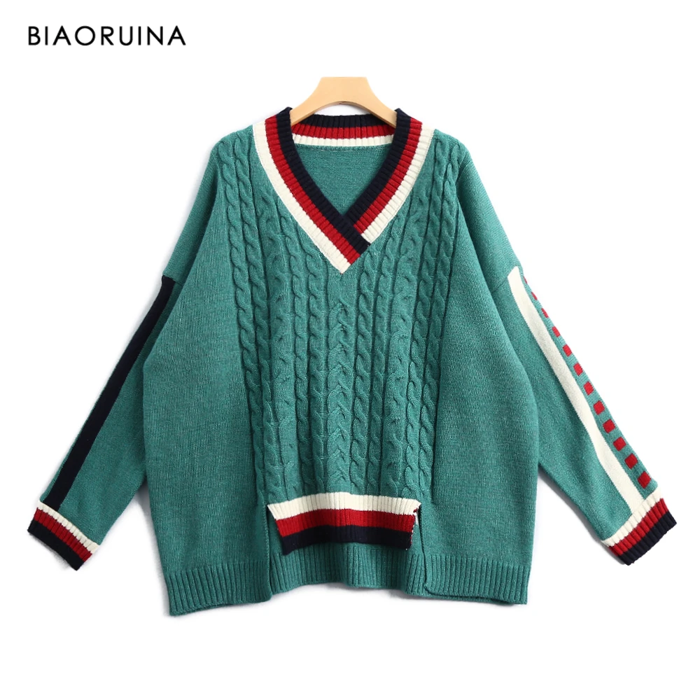 BIAORUINA Women's Fashion V-neck Stripes Contrast Color Oversize Knitted Sweater Office Lady Loose Warm Thick Winter Pullovers | Женская