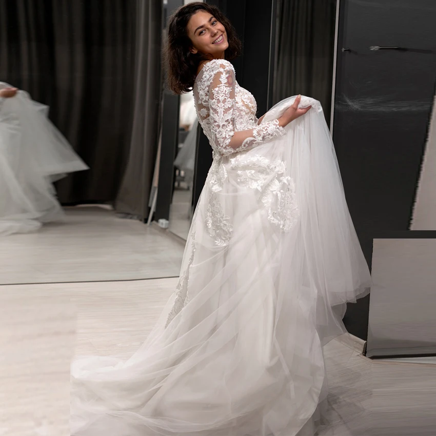 Белое/цвета слоновой кости свадебное платье vestido de noiva с длинными рукавами глубокой круглой декольте апплике Тюль А-силуэта Свадебные платья robe de mariee