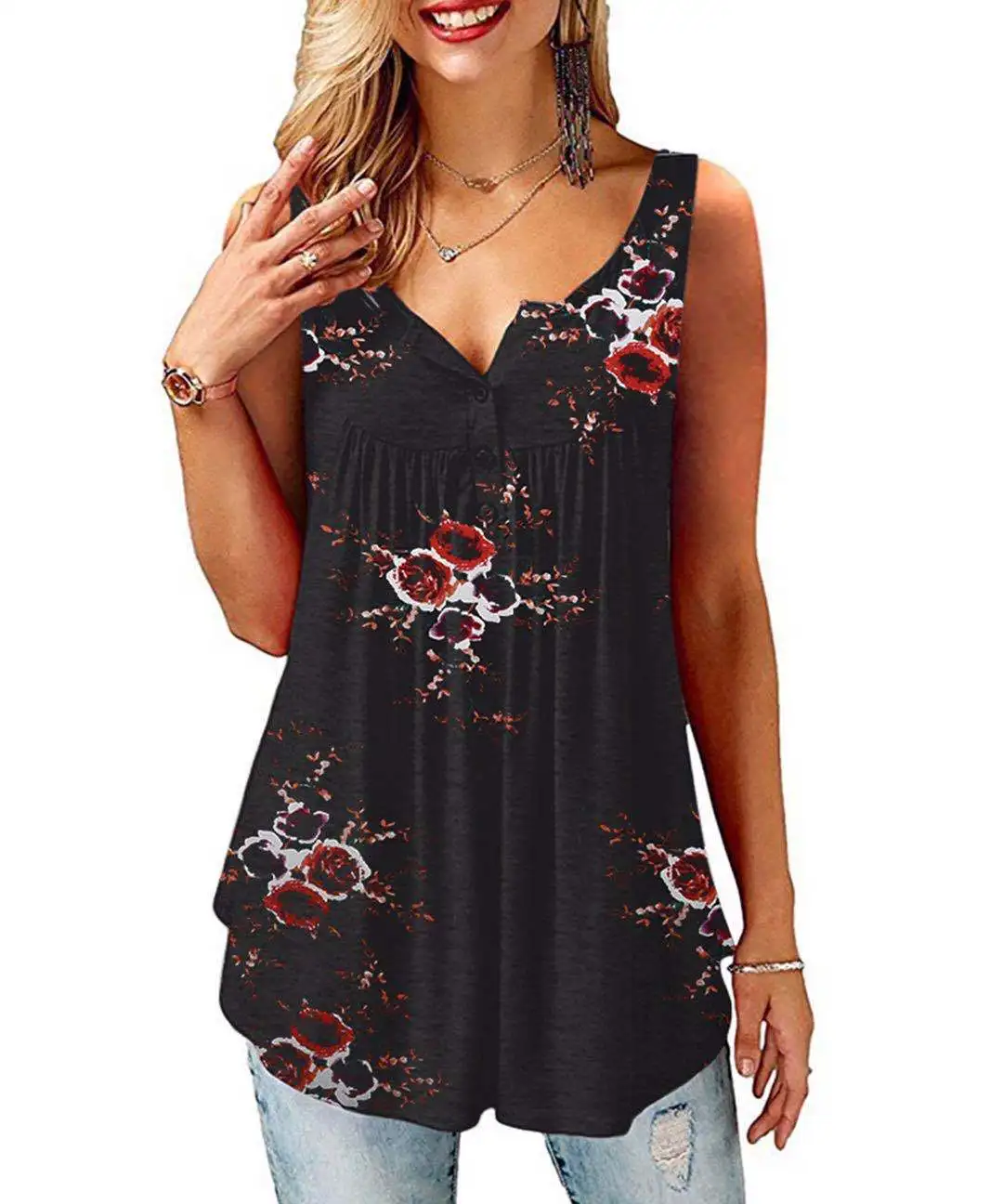Camiseta con cuello en V para mujer, blusa sin mangas con estampado para primavera y verano 2021
