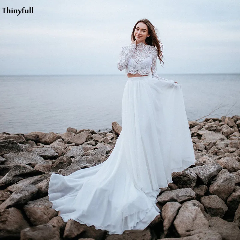 

Thinyfull Two Pieces Beach Wedding Dresses Long Sleeves Lace Chiffon Bohemian Bridal Gowns Illusion Country Boho Robes Mariage