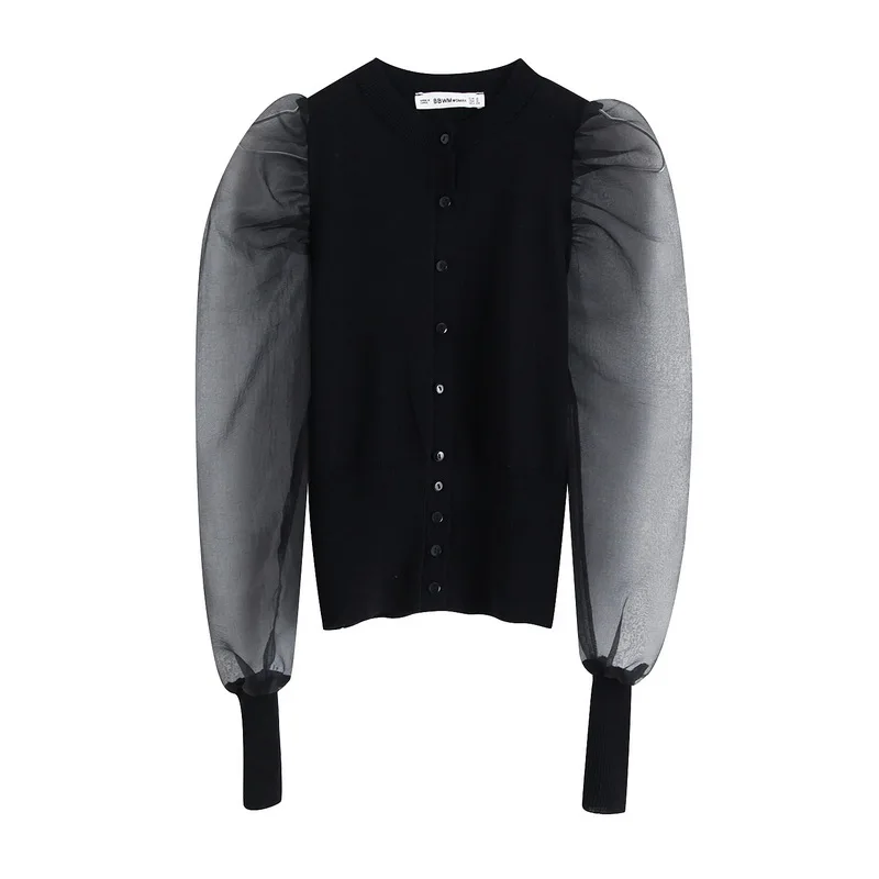 Personality Women Tops Autumn 2019 New Fashion Sweater Body Patchwork Transparent Puff Sleeve Modern Lady Cardigan Wears |