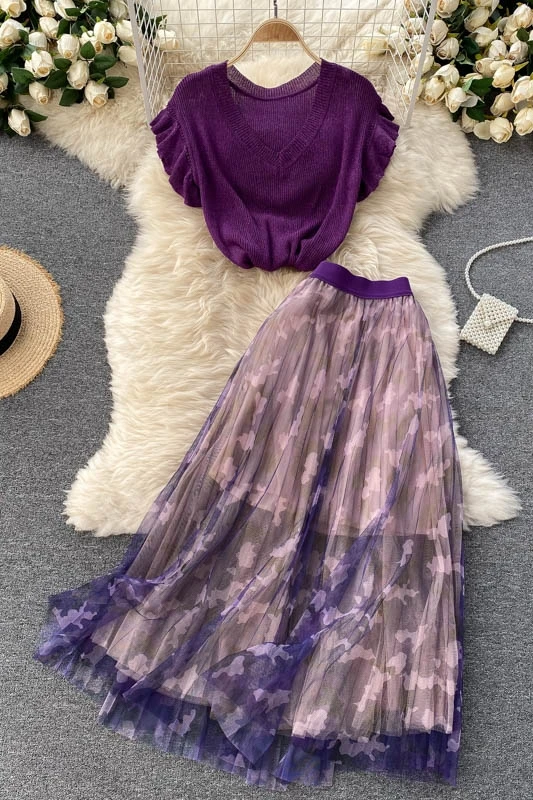 

Ladies temperament suit 2021 new femininity V-neck knitted top all-match mid-length mesh skirt