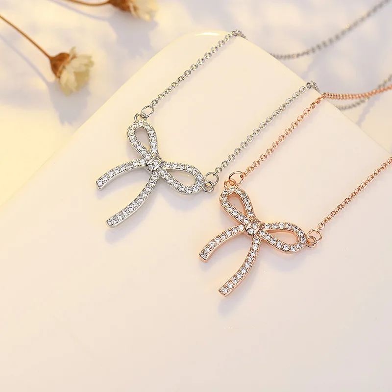 

Fashion Bowknot Pendant Necklace 925 Sterling Silver Elegant Fine Jewelry For Women Wedding Engagement Unique Valentines Gift