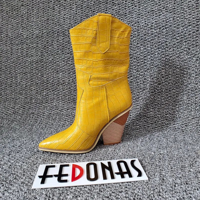 FEDONAS/короткие женские ботинки в западном стиле; вечерние туфли для танцев; женские кожаные ботильоны на не сужающемся книзу массивном каблуке; зимние теплые ботинки; большие размеры