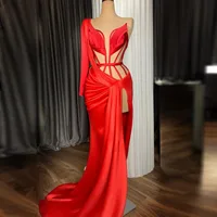 Real Image Sexy Red Illusion Split Long Prom Dresses One Shoulder Red Carpet Prom Gowns Abendkleider 2021