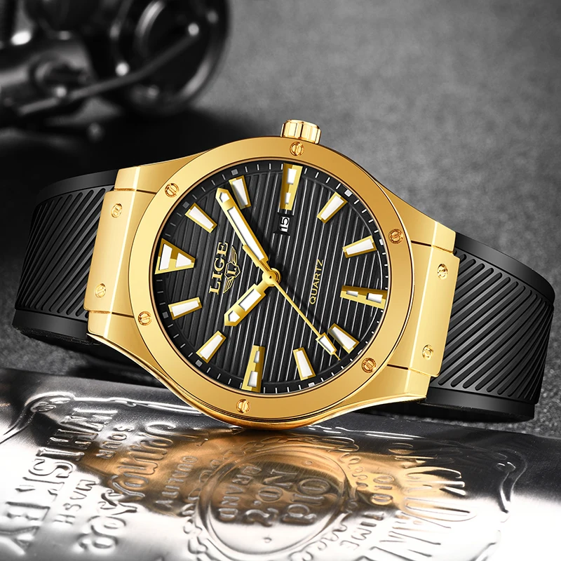 Часы наручные LIGE мужские кварцевые с силиконовым ремешком модные спортивные