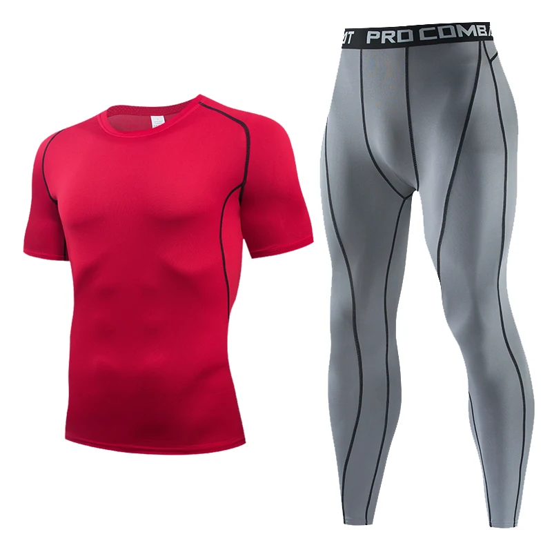 

Mens Sports Running Set Compression T-Shirt Short Sleeves Fitness MMA Training Clothes Sportswear Gym Suits