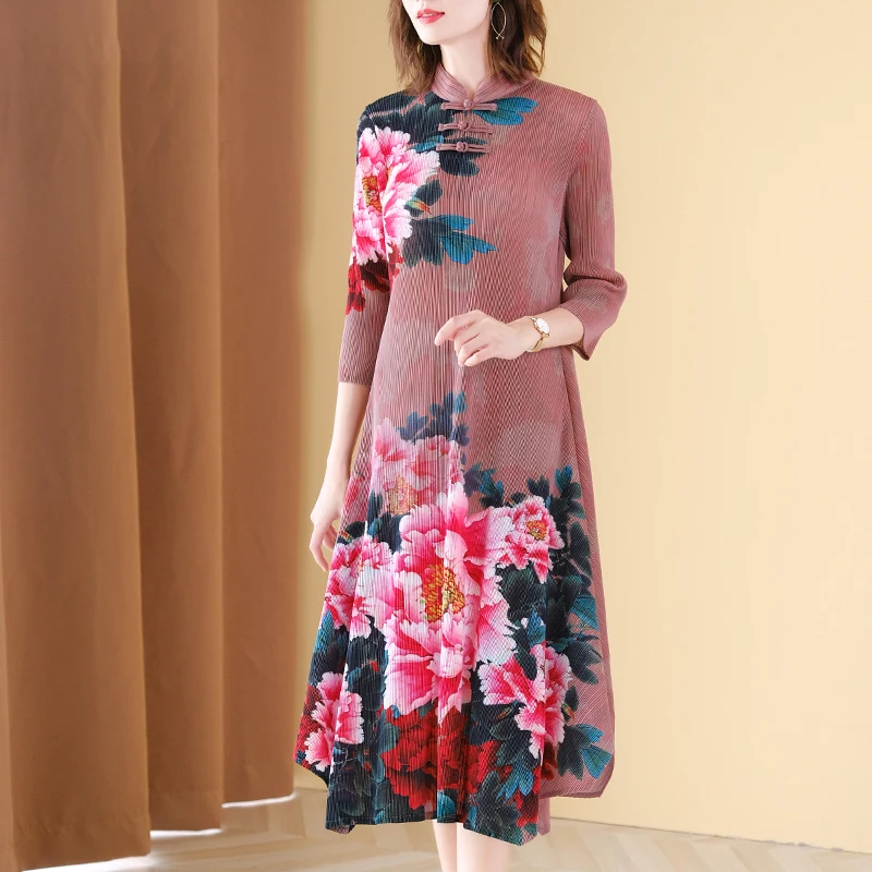 

Vintage Plus Size Dress For Women 45-75kg Autumn Chinese Style Printed Big Stretch Miyake Pleated Improved Cheongsam Dresses