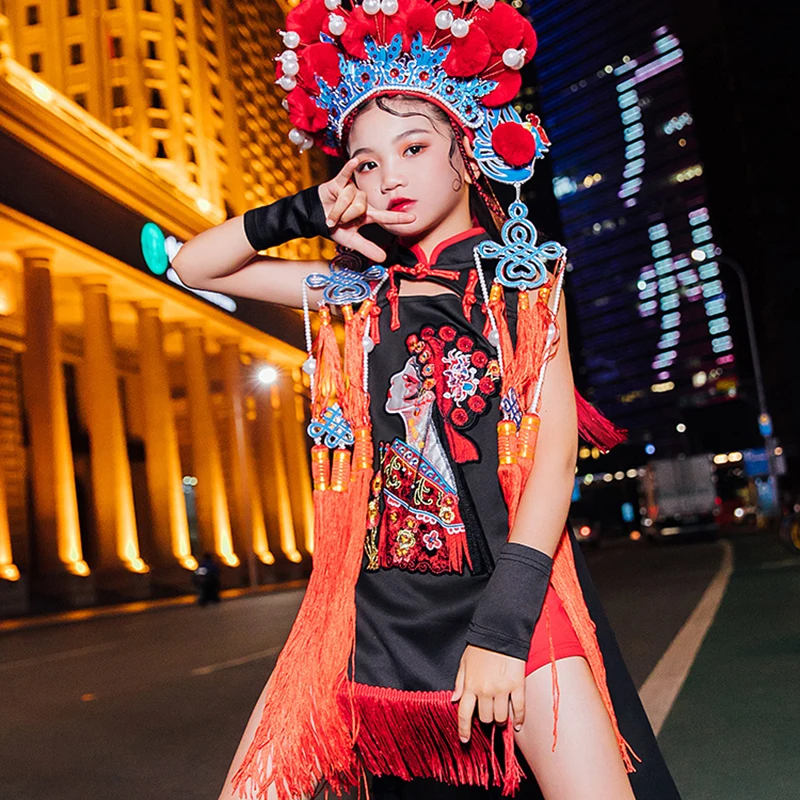 Комплект для девочек в китайском стиле одежда джазовых танцев с бахромой