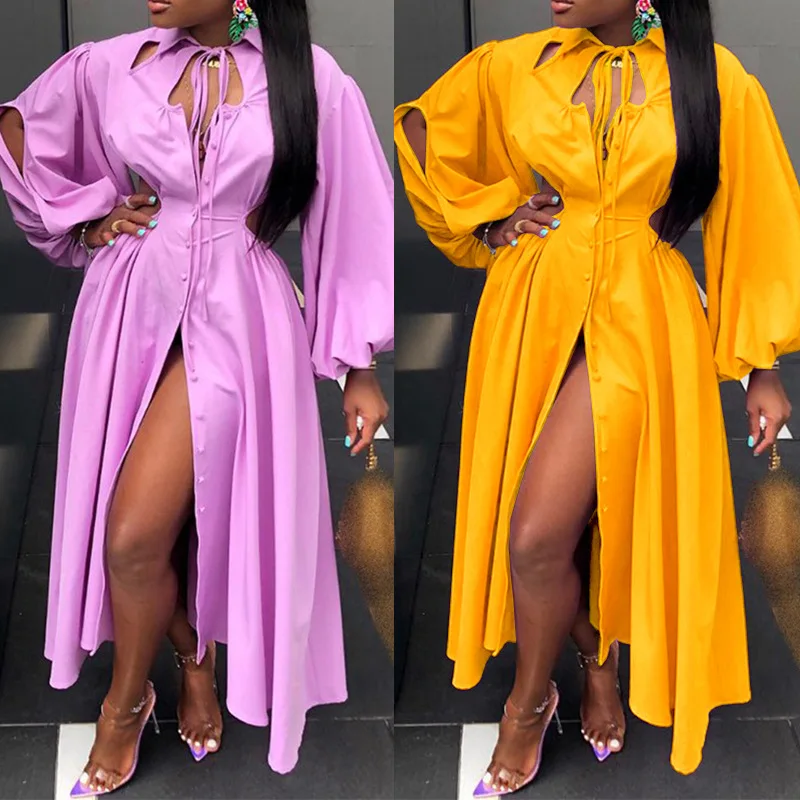

Fashion Shirt Dresses African Dress Women Hollow Out Elegant Puff Sleeves Sexy Split Midriff Dress Pink Yellow Vestido Feminino