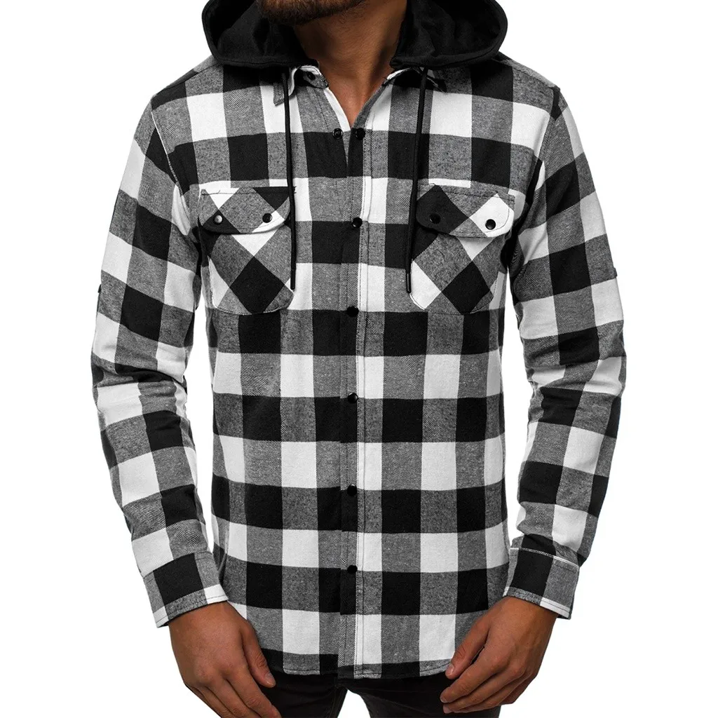 Рубашка мужская с длинным рукавом блузка капюшоном Деловая карманами для отдыха