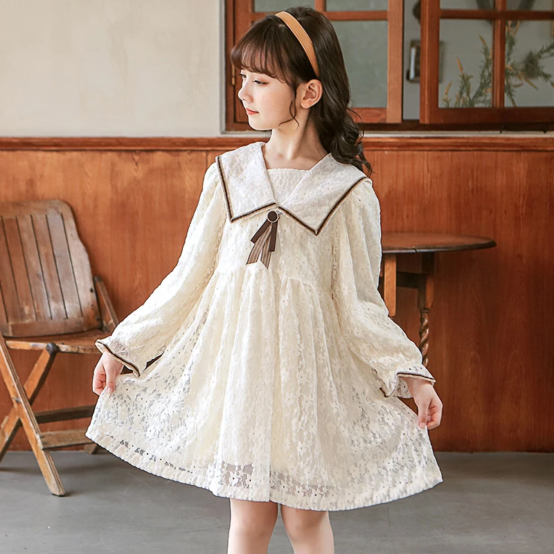 Girls Lace Dress Kids Teens Spring Autumn Clothes School Coat Outfit Children Cotton Blouse White Velvet Skirts