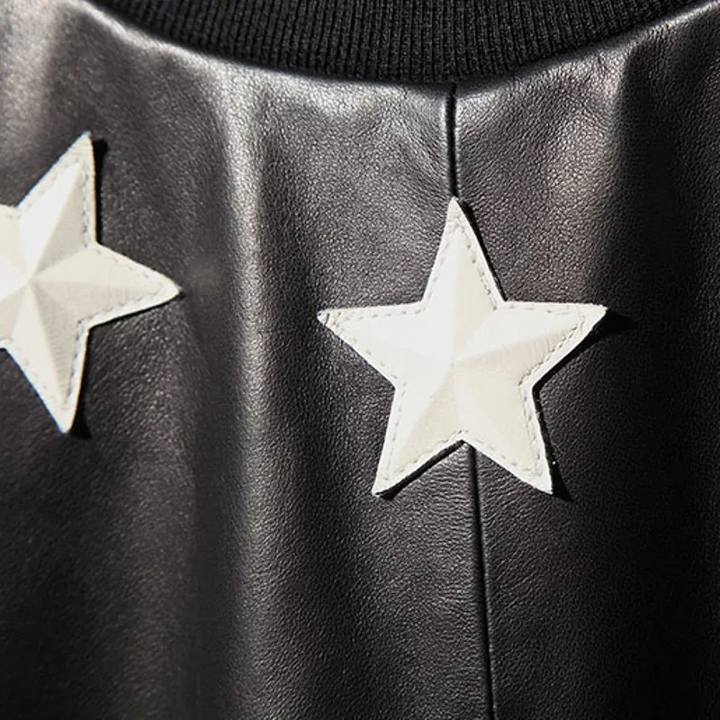 

High Quality Five-Pointed Star Natural Sheepskin Mens Black Casual Short Loose Spliced O-Neck Pullover Genuine Leather Jacket