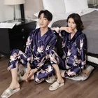 Летняя домашняя одежда для влюбленных, шелковая пижама для пар, пижамный комплект для женщин и мужчин, пижама с китайским принтом журавлей и длинными рукавами