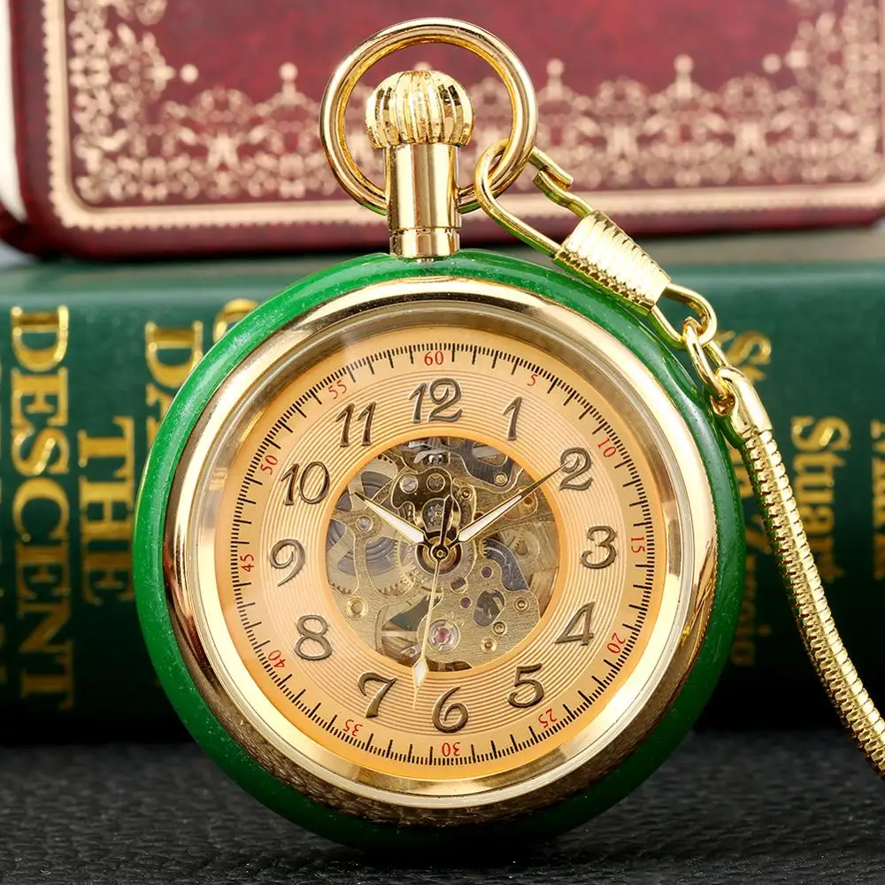 

Luxury Golden Jade Automatic Mechanical Pocket Watch Capless Self-Winding Pocket Watch Clocks Arabic Numeral Hollow Dial Pendant
